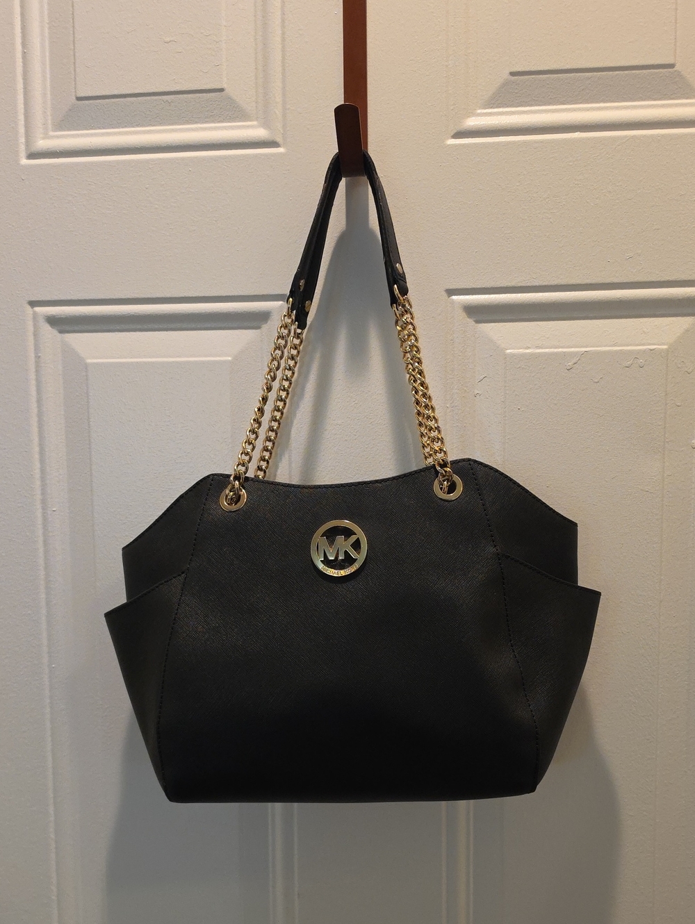 Michael Kors Black Leather Tote with Gold Chain Straps